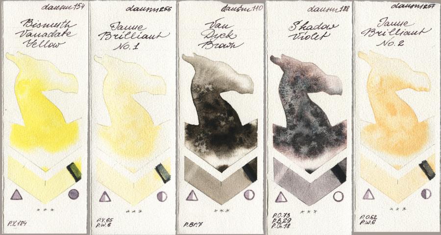 Daniel Smith 154 Bismuth Vanadate Yellow vs 256 Jaune Brilliant No 1 vs 110 Van Dyck Brown vs 188 Shadow Violet vs 257 Jaune Brilliant No 2 watercolor swatch
