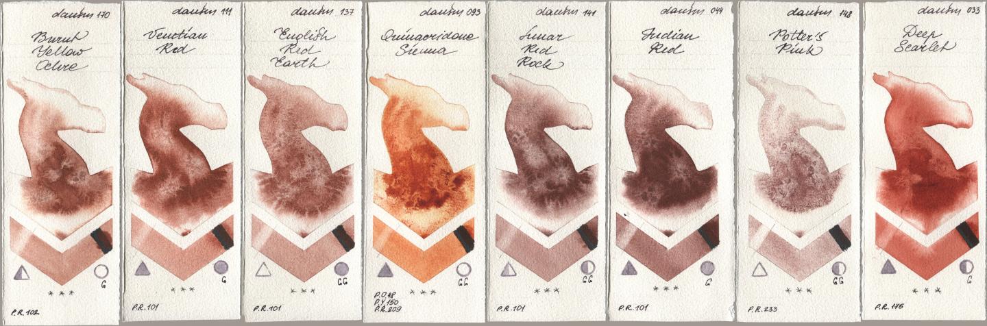 Daniel Smith 170 Burnt Yellow Ochre, 111 Venetian Red, 137 English Red Earth, 093 Quinacridone Sienna, 141 Lunar Red Rock, 044 Indian Red, 148 Potters Pink, 033 Deep Scarl watercolor swatch