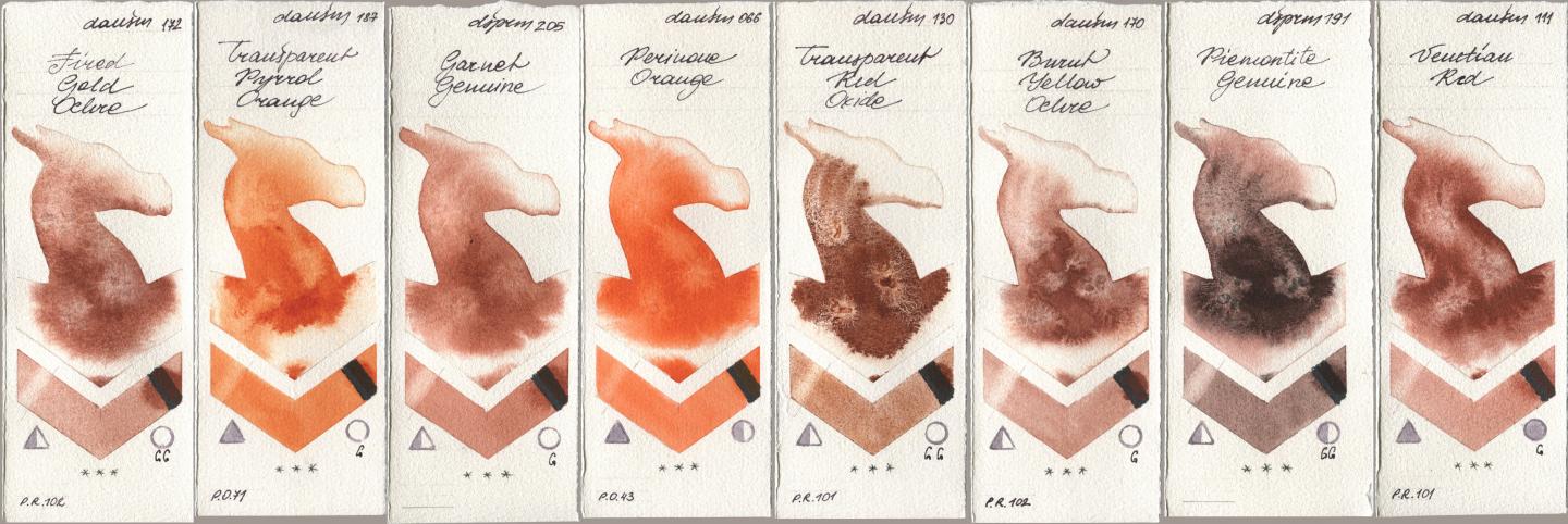Daniel Smith 172 Fired Gold Ochre, 187 Transparent Pyrrol Orange, 205 Garnet Genuine, 066 Perinone Orange, 130 Transparent Red Oxide, 170 Burnt Yellow Ochre, 191 Piemontite Genuine, 111 Venetian R watercolor swatch