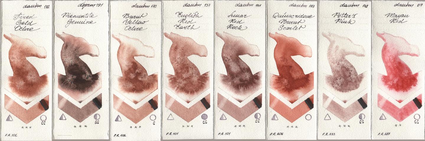 Daniel Smith 172 Fired Gold Ochre, 191 Piemontite Genuine, 170 Burnt Yellow Ochre, 137 English Red Earth, 141 Lunar Red Rock, 087 Quinacridone Burnt Scarlet, 148 Potters Pink, 217 Mayan R watercolor swatch