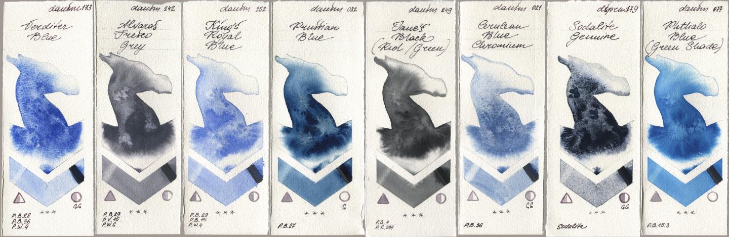 Daniel Smith 173 Verditer Blue, 242 Alvaros Fresco Grey, 252 King’s Royal Blue, 082 Prussian Blue, 249 Janes Black (Red/Green), 021 Cerulean Blue Chromium, 179 Sodalite Genuine, 077 Phthalo Blue (Green Shad watercolor swatch