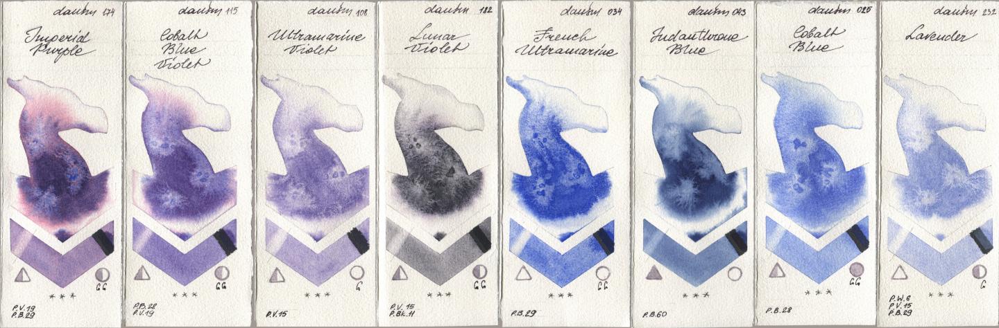 Daniel Smith 174 Imperial Purple, 115 Cobalt Blue Violet, 108 Ultramarine Violet, 182 Lunar Violet, 034 French Ultramarine, 043 Indanthrone Blue, 025 Cobalt Blue, 232 Lavend watercolor swatch