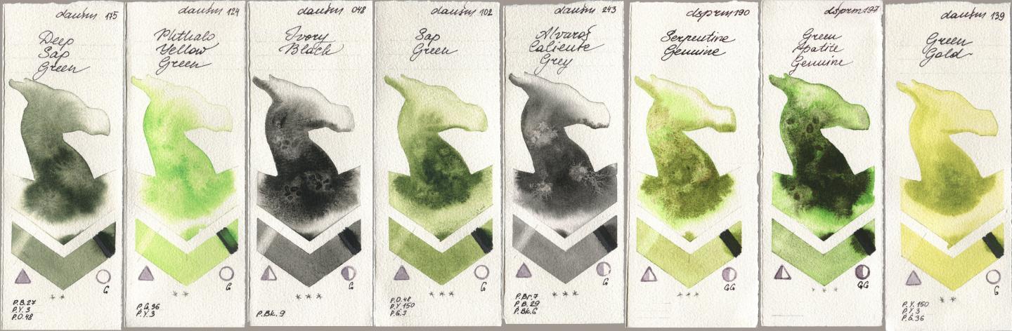 Daniel Smith 175 Deep Sap Green, 124 Phthalo Yellow Green, 048 Ivory Black, 102 Sap Green, 243 Alvaros Caliente Grey, 190 Serpentine Genuine, 197 Green Apatite Genuine, 139 Green Go watercolor swatch
