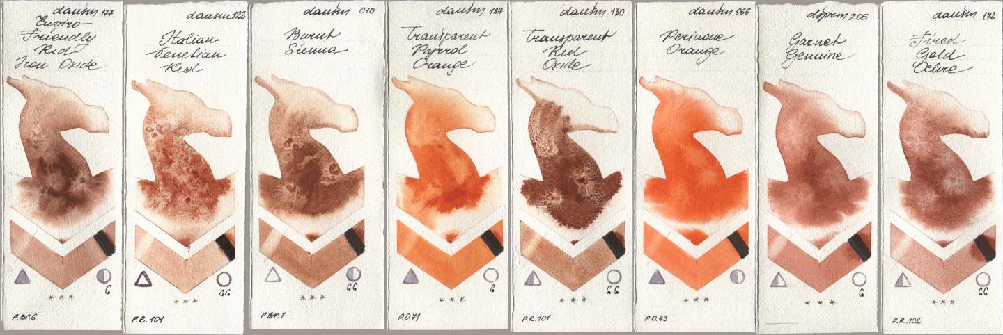 Daniel Smith 177 Enviro-Friendly Red Iron Oxide, 122 Italian Venetian Red, 010 Burnt Sienna, 187 Transparent Pyrrol Orange, 130 Transparent Red Oxide, 066 Perinone Orange, 205 Garnet Genuine, 172 Fired Gold Och watercolor swatch