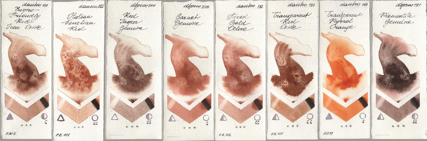 Daniel Smith 177 Enviro-Friendly Red Iron Oxide, 122 Italian Venetian Red, 240 Red Jasper Genuine, 205 Garnet Genuine, 172 Fired Gold Ochre, 130 Transparent Red Oxide, 187 Transparent Pyrrol Orange, 191 Piemontite Genui watercolor swatch