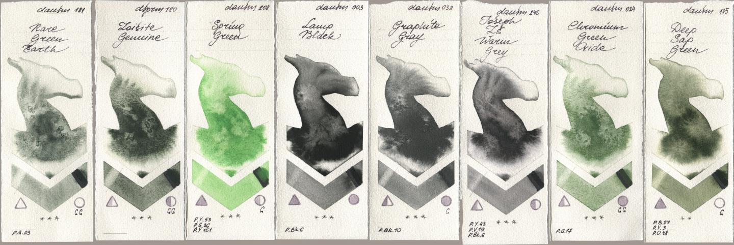 Daniel Smith 181 Rare Green Earth, 180 Zoisite Genuine, 208 Spring Green, 003 Lamp Black, 038 Graphite Gray, 246 Joseph Zs Warm Grey, 024 Chromium Green Oxide, 175 Deep Sap Gre watercolor swatch