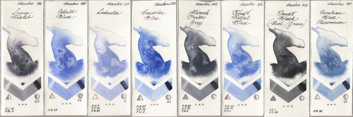 Daniel Smith 182 Lunar Violet, 025 Cobalt Blue, 232 Lavender, 173 Verditer Blue, 242 Alvaros Fresco Grey, 252 King’s Royal Blue, 249 Janes Black (Red/Green), 021 Cerulean Blue Chromi watercolor swatch