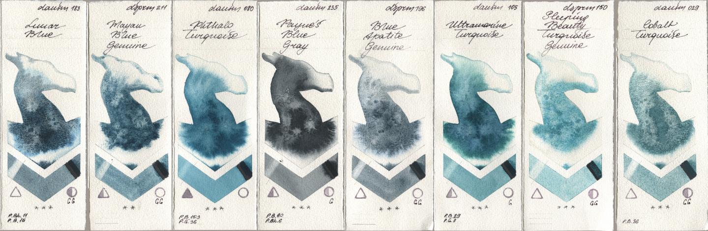 Daniel Smith 183 Lunar Blue, 211 Mayan Blue Genuine, 080 Phthalo Turquoise, 235 Paynes Blue Gray, 196 Blue Apatite Genuine, 105 Ultramarine Turquoise, 150 Sleeping Beauty Turquoise Genuine, 029 Cobalt Turquoi watercolor swatch