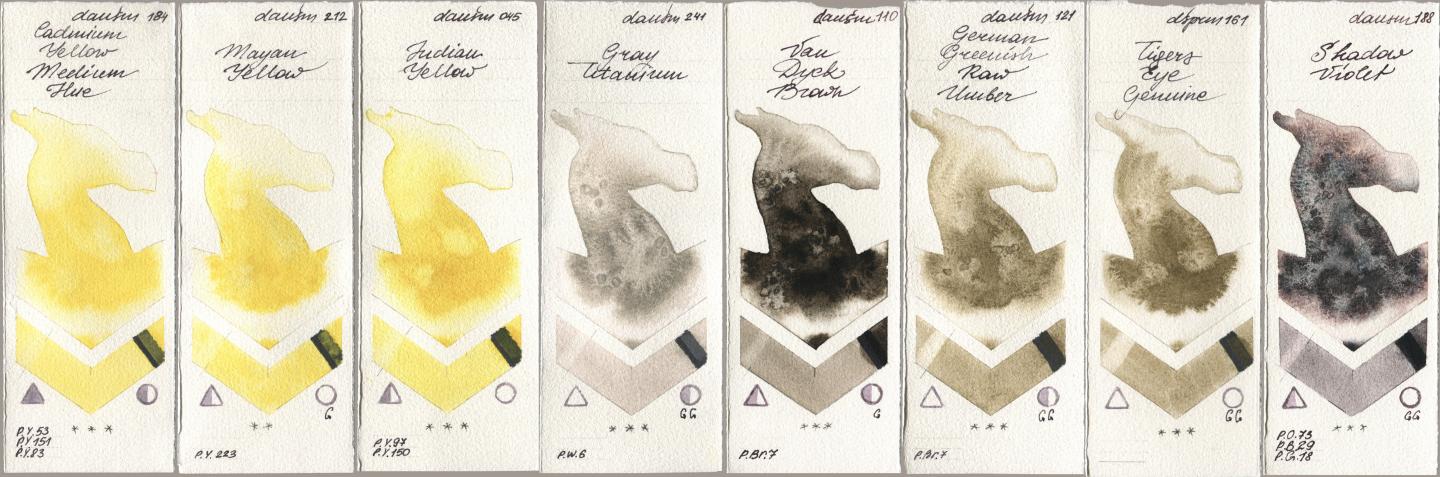 Daniel Smith 184 Cadmium Yellow Medium Hue, 212 Mayan Yellow, 045 Indian Yellow, 241 Gray Titanium, 110 Van Dyck Brown, 121 German Greenish Raw Umber, 161 Tigers Eye Genuine, 188 Shadow Viol watercolor swatch