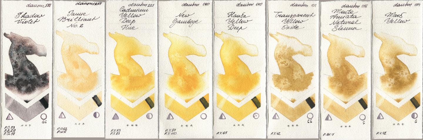 Daniel Smith 188 Shadow Violet, 257 Jaune Brilliant No 2, 221 Cadmium Yellow Deep Hue, 060 New Gamboge, 040 Hansa Yellow Deep, 131 Transparent Yellow Oxide, 056 Monte Amiata Natural Sienna, 054 Mars Yell watercolor swatch