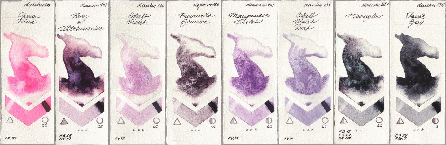Daniel Smith 198 Opera Pink, 101 Rose of Ultramarine, 030 Cobalt Violet, 164 Purpurite Genuine, 261 Manganese Violet, 031 Cobalt Violet Deep, 057 Moonglow, 239 Janes Gr watercolor swatch