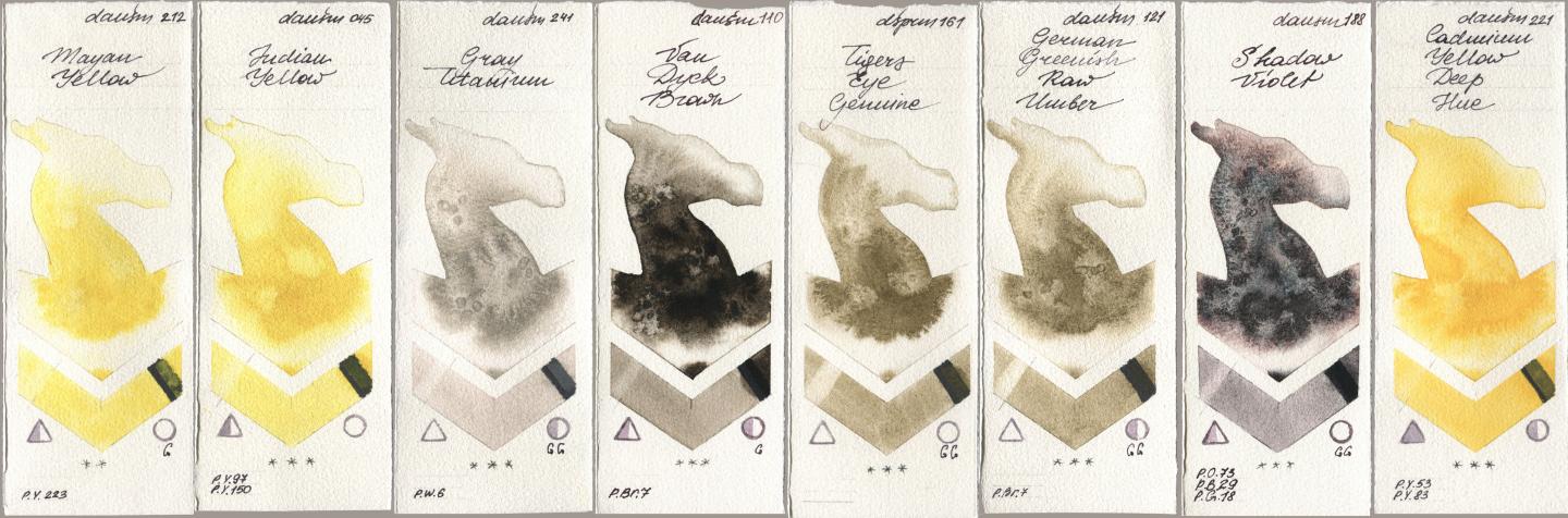 Daniel Smith 212 Mayan Yellow, 045 Indian Yellow, 241 Gray Titanium, 110 Van Dyck Brown, 161 Tigers Eye Genuine, 121 German Greenish Raw Umber, 188 Shadow Violet, 221 Cadmium Yellow Deep H watercolor swatch