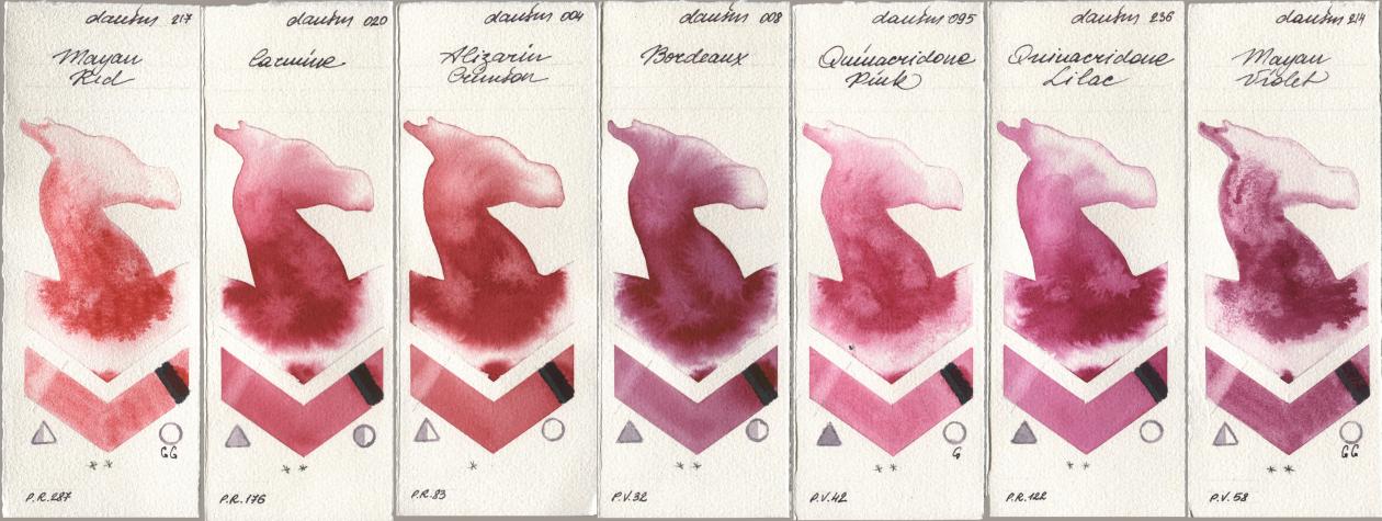 Daniel Smith 217 Mayan Red, 020 Carmine, 004 Alizarin Crimson, 008 Bordeaux, 095 Quinacridone Pink, 236 Quinacridone Lilac, 214 Mayan Viol watercolor swatch