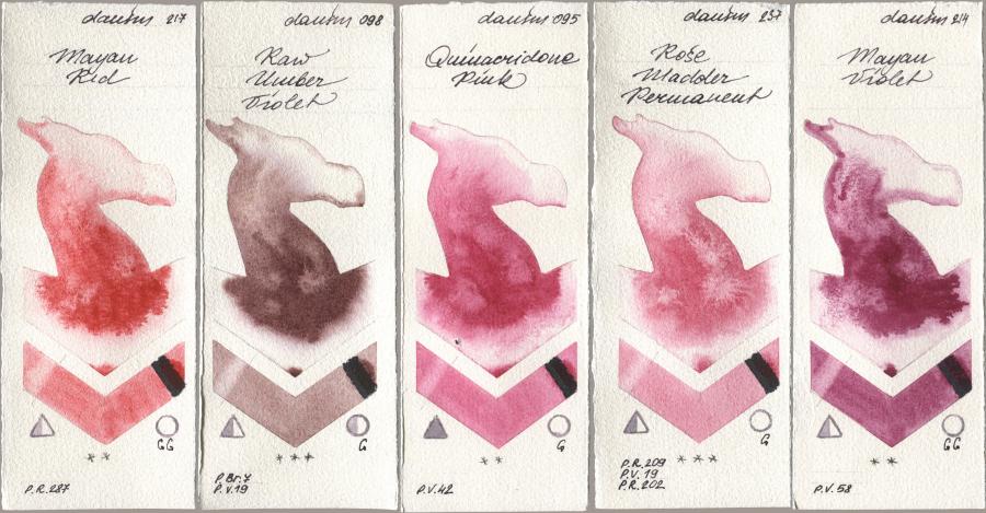 Daniel Smith 217 Mayan Red, 098 Raw Umber Violet, 095 Quinacridone Pink, 237 Rose Madder Permanent, 214 Mayan Viol watercolor swatch