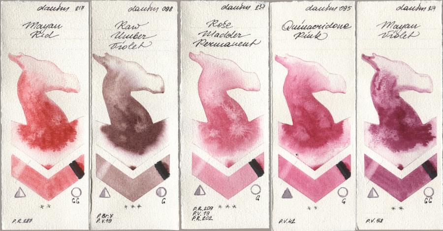 Daniel Smith 217 Mayan Red, 098 Raw Umber Violet, 237 Rose Madder Permanent, 095 Quinacridone Pink, 214 Mayan Viol watercolor swatch