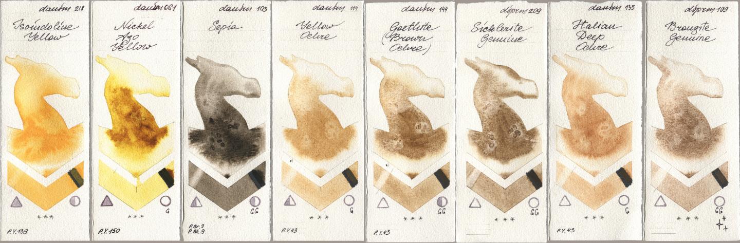 Daniel Smith 218 Isoindoline Yellow, 061 Nickel Azo Yellow, 103 Sepia, 114 Yellow Ochre, 144 Goethite (Brown Ochre), 209 Sicklerite Genuine, 135 Italian Deep Ochre, 199 Bronzite Genui watercolor swatch