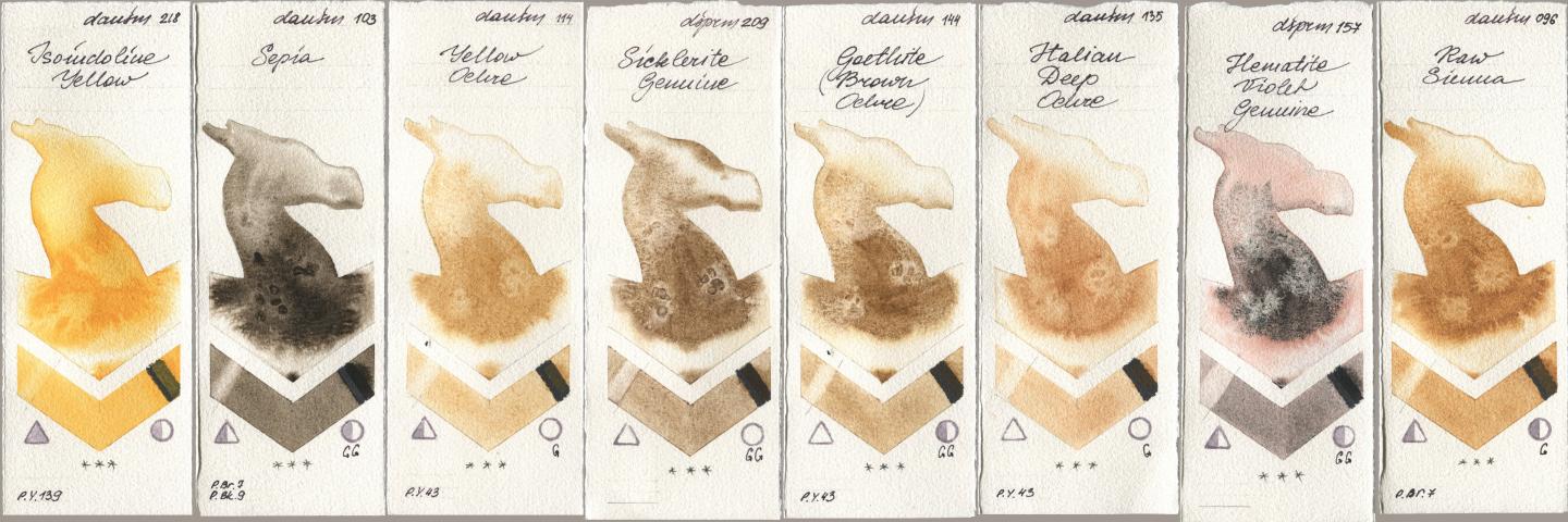 Daniel Smith 218 Isoindoline Yellow, 103 Sepia, 114 Yellow Ochre, 209 Sicklerite Genuine, 144 Goethite (Brown Ochre), 135 Italian Deep Ochre, 157 Hematite Violet Genuine, 096 Raw Sien watercolor swatch