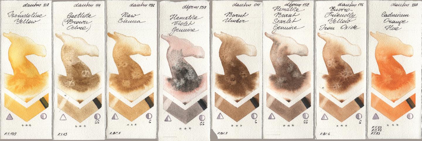 Daniel Smith 218 Isoindoline Yellow, 144 Goethite (Brown Ochre), 096 Raw Sienna, 157 Hematite Violet Genuine, 011 Burnt Umber, 158 Hematite Burnt Scarlet Genuine, 176 Enviro-Friendly Yellow Iron Oxide, 220 Cadmium Orange H watercolor swatch