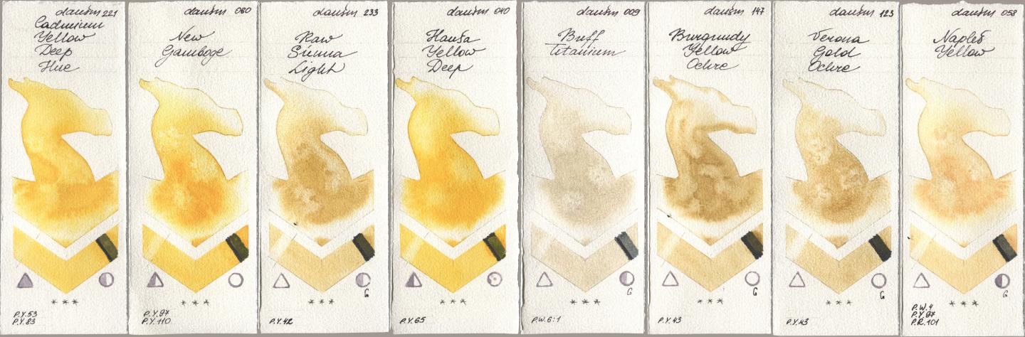 Daniel Smith 221 Cadmium Yellow Deep Hue, 060 New Gamboge, 233 Raw Sienna Light, 040 Hansa Yellow Deep, 009 Buff Titanium, 147 Burgundy Yellow Ochre, 123 Verona Gold Ochre, 058 Naples Yell watercolor swatch