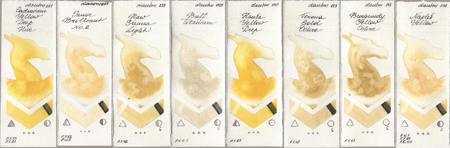 Daniel Smith 221 Cadmium Yellow Deep Hue, 257 Jaune Brilliant No 2, 233 Raw Sienna Light, 009 Buff Titanium, 040 Hansa Yellow Deep, 123 Verona Gold Ochre, 147 Burgundy Yellow Ochre, 058 Naples Yell watercolor swatch
