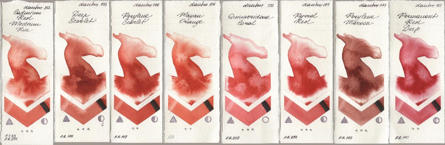 Daniel Smith 222 Cadmium Red Medium Hue, 033 Deep Scarlet, 076 Perylene Scarlet, 216 Mayan Orange, 088 Quinacridone Coral, 084 Pyrrol Red, 074 Perylene Maroon, 069 Permanent Red De watercolor swatch