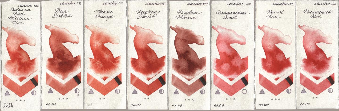 Daniel Smith 222 Cadmium Red Medium Hue, 033 Deep Scarlet, 216 Mayan Orange, 076 Perylene Scarlet, 074 Perylene Maroon, 088 Quinacridone Coral, 084 Pyrrol Red, 072 Permanent R watercolor swatch