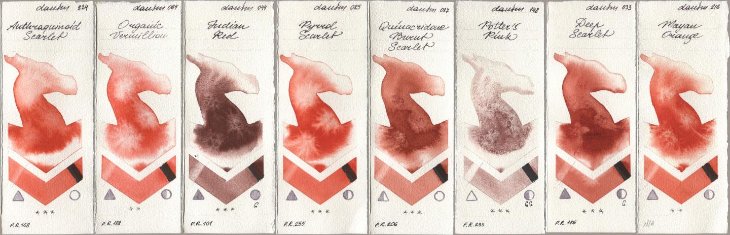 Daniel Smith 224 Anthraquinoid Scarlet, 064 Organic Vermilion, 044 Indian Red, 085 Pyrrol Scarlet, 087 Quinacridone Burnt Scarlet, 148 Potters Pink, 033 Deep Scarlet, 216 Mayan Oran watercolor swatch
