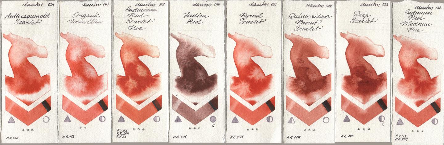 Daniel Smith 224 Anthraquinoid Scarlet, 064 Organic Vermilion, 219 Cadmium Red Scarlet Hue, 044 Indian Red, 085 Pyrrol Scarlet, 087 Quinacridone Burnt Scarlet, 033 Deep Scarlet, 222 Cadmium Red Medium H watercolor swatch