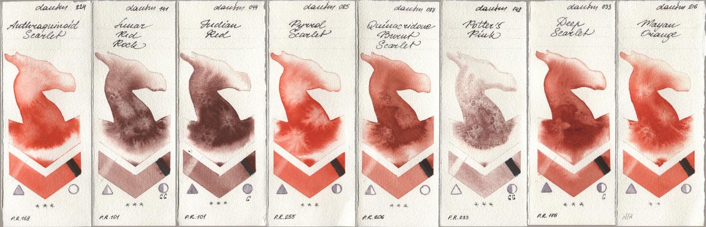 Daniel Smith 224 Anthraquinoid Scarlet, 141 Lunar Red Rock, 044 Indian Red, 085 Pyrrol Scarlet, 087 Quinacridone Burnt Scarlet, 148 Potters Pink, 033 Deep Scarlet, 216 Mayan Oran watercolor swatch