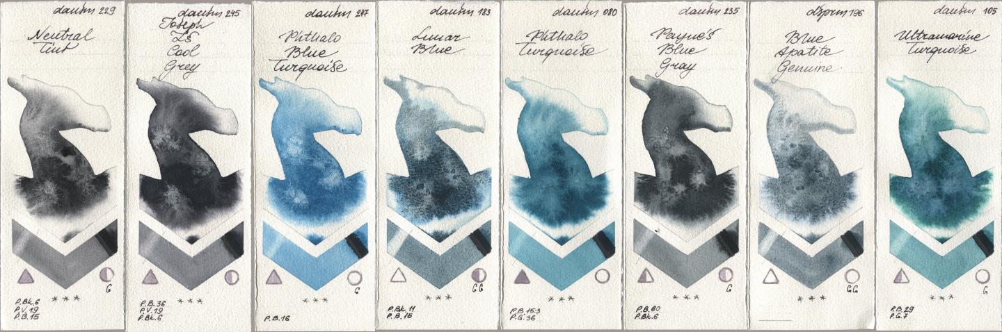 Daniel Smith 229 Neutral Tint, 245 Joseph Zs Cool Grey, 247 Phthalo Blue Turquoise, 183 Lunar Blue, 080 Phthalo Turquoise, 235 Paynes Blue Gray, 196 Blue Apatite Genuine, 105 Ultramarine Turquoi watercolor swatch