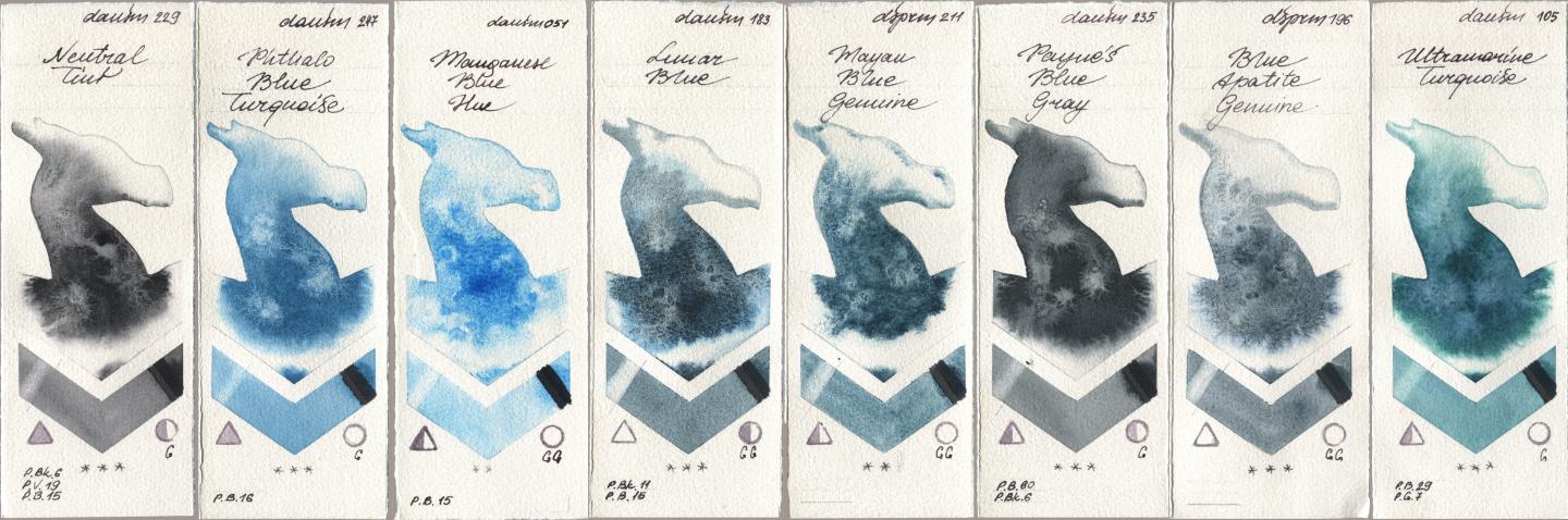 Daniel Smith 229 Neutral Tint, 247 Phthalo Blue Turquoise, 051 Manganese Blue Hue, 183 Lunar Blue, 211 Mayan Blue Genuine, 235 Paynes Blue Gray, 196 Blue Apatite Genuine, 105 Ultramarine Turquoi watercolor swatch