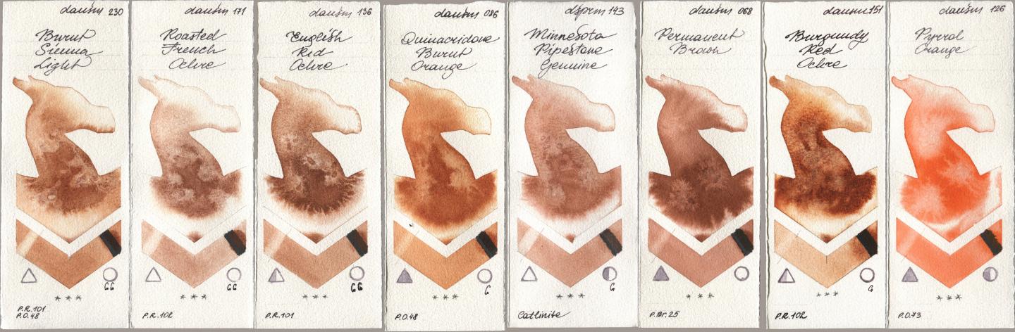 Daniel Smith 230 Burnt Sienna Light, 171 Roasted French Ochre, 136 English Red Ochre, 086 Quinacridone Burnt Orange, 143 Minnesota Pipestone Genuine, 068 Permanent Brown, 151 Burgundy Red Ochre, 126 Pyrrol Oran watercolor swatch