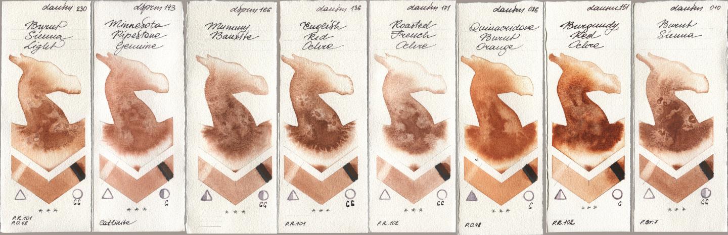 Daniel Smith 230 Burnt Sienna Light, 143 Minnesota Pipestone Genuine, 166 Mummy Bauxite, 136 English Red Ochre, 171 Roasted French Ochre, 086 Quinacridone Burnt Orange, 151 Burgundy Red Ochre, 010 Burnt Sien watercolor swatch