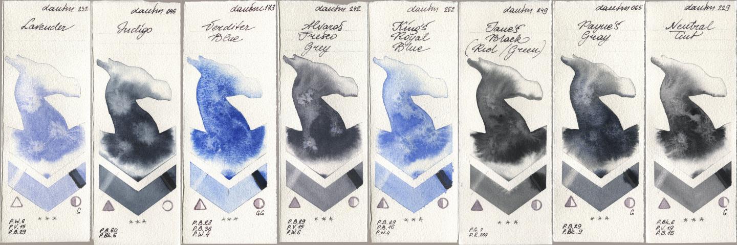 Daniel Smith 232 Lavender, 046 Indigo, 173 Verditer Blue, 242 Alvaros Fresco Grey, 252 King’s Royal Blue, 249 Janes Black (Red/Green), 065 Paynes Gray, 229 Neutral Ti watercolor swatch