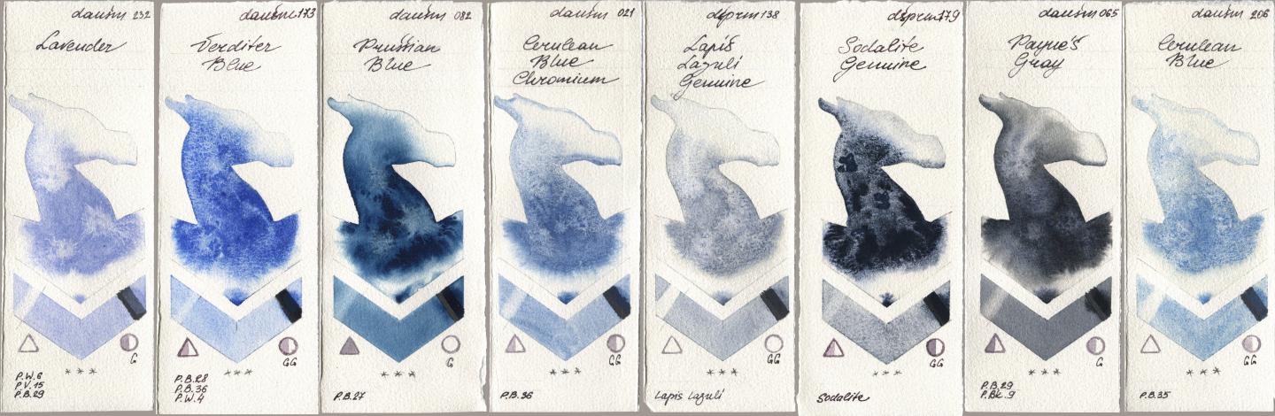 Daniel Smith 232 Lavender, 173 Verditer Blue, 082 Prussian Blue, 021 Cerulean Blue Chromium, 138 Lapis Lazuli Genuine, 179 Sodalite Genuine, 065 Paynes Gray, 206 Cerulean Bl watercolor swatch