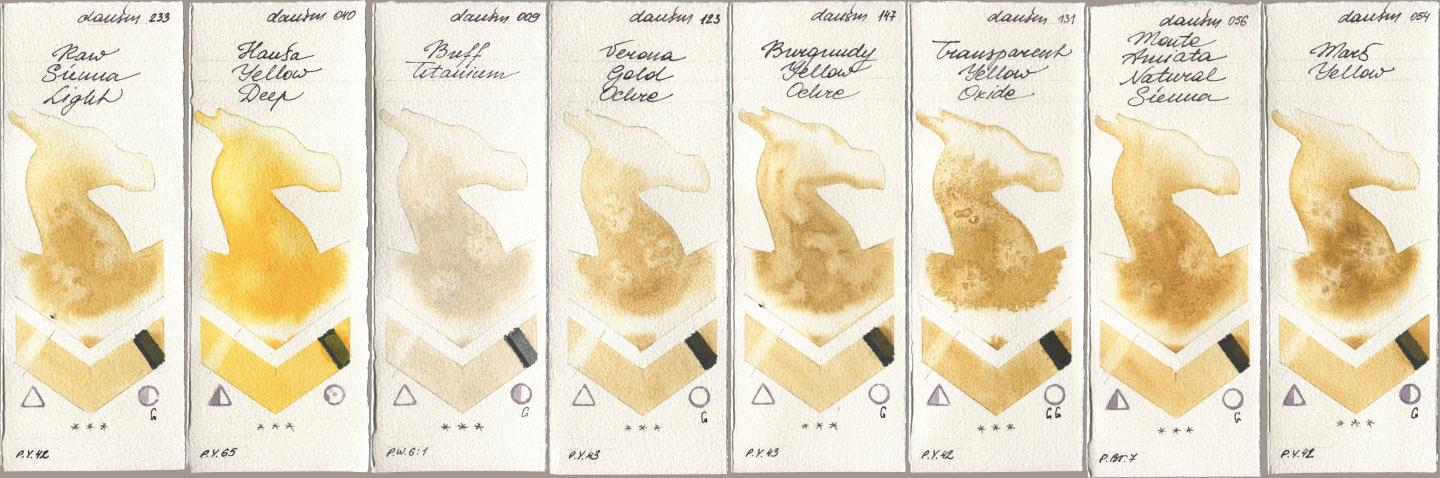 Daniel Smith 233 Raw Sienna Light, 040 Hansa Yellow Deep, 009 Buff Titanium, 123 Verona Gold Ochre, 147 Burgundy Yellow Ochre, 131 Transparent Yellow Oxide, 056 Monte Amiata Natural Sienna, 054 Mars Yell watercolor swatch