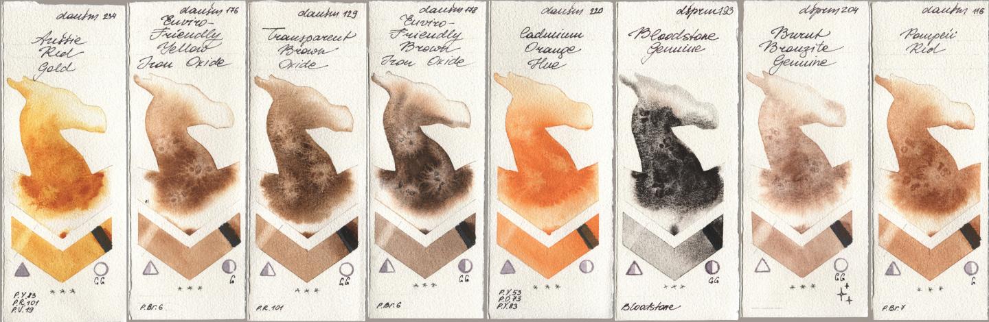 Daniel Smith 234 Aussie Red Gold, 176 Enviro-Friendly Yellow Iron Oxide, 129 Transparent Brown Oxide, 178 Enviro-Friendly Brown Iron Oxide, 220 Cadmium Orange Hue, 193 Bloodstone Genuine, 204 Burnt Bronzite Genuine, 116 Pompeii R watercolor swatch