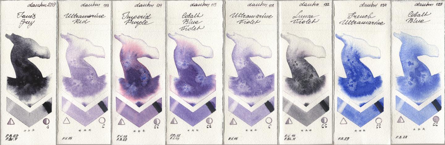 Daniel Smith 239 Janes Grey, 107 Ultramarine Red, 174 Imperial Purple, 115 Cobalt Blue Violet, 108 Ultramarine Violet, 182 Lunar Violet, 034 French Ultramarine, 025 Cobalt Bl watercolor swatch