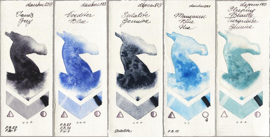 Daniel Smith 239 Janes Grey vs 173 Verditer Blue vs 179 Sodalite Genuine vs 051 Manganese Blue Hue vs 150 Sleeping Beauty Turquoise Genuine watercolor swatch