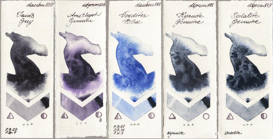 Daniel Smith 239 Janes Grey vs 203 Amethyst Genuine vs 173 Verditer Blue vs 186 Kyanite Genuine vs 179 Sodalite Genuine watercolor swatch
