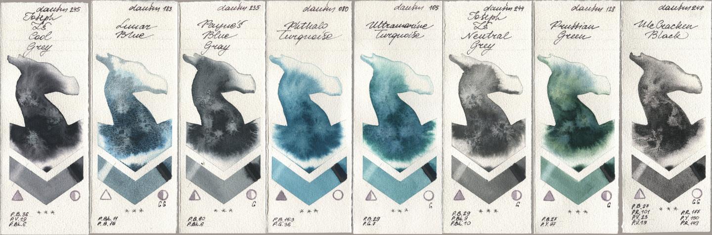 Daniel Smith 245 Joseph Zs Cool Grey, 183 Lunar Blue, 235 Paynes Blue Gray, 080 Phthalo Turquoise, 105 Ultramarine Turquoise, 244 Joseph Zs Neutral Grey, 128 Prussian Green, 248 McCracken Bla watercolor swatch