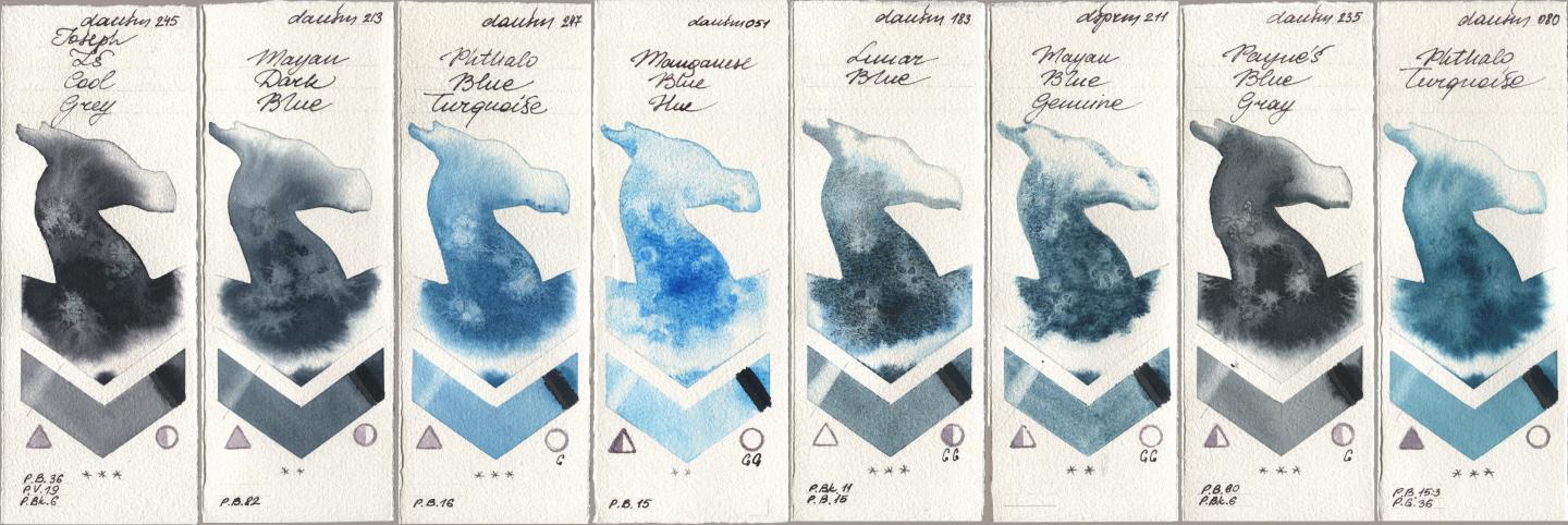 Daniel Smith 245 Joseph Zs Cool Grey, 213 Mayan Dark Blue, 247 Phthalo Blue Turquoise, 051 Manganese Blue Hue, 183 Lunar Blue, 211 Mayan Blue Genuine, 235 Paynes Blue Gray, 080 Phthalo Turquoi watercolor swatch