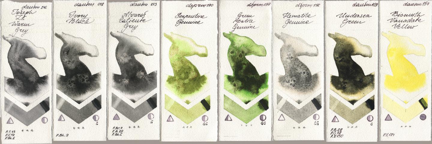 Daniel Smith 246 Joseph Zs Warm Grey, 048 Ivory Black, 243 Alvaros Caliente Grey, 190 Serpentine Genuine, 197 Green Apatite Genuine, 156 Hematite Genuine, 109 Undersea Green, 154 Bismuth Vanadate Yell watercolor swatch