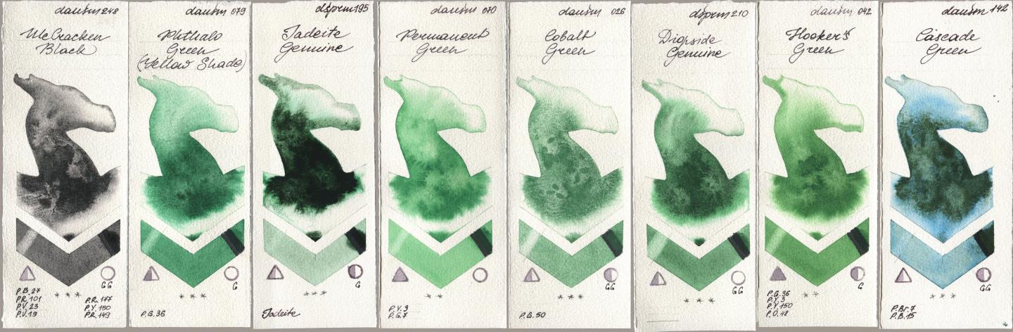 Daniel Smith 248 McCracken Black, 079 Phthalo Green (Yellow Shade), 195 Jadeite Genuine, 070 Permanent Green, 026 Cobalt Green, 210 Diopside Genuine, 042 Hookers Green, 142 Cascade Gre watercolor swatch