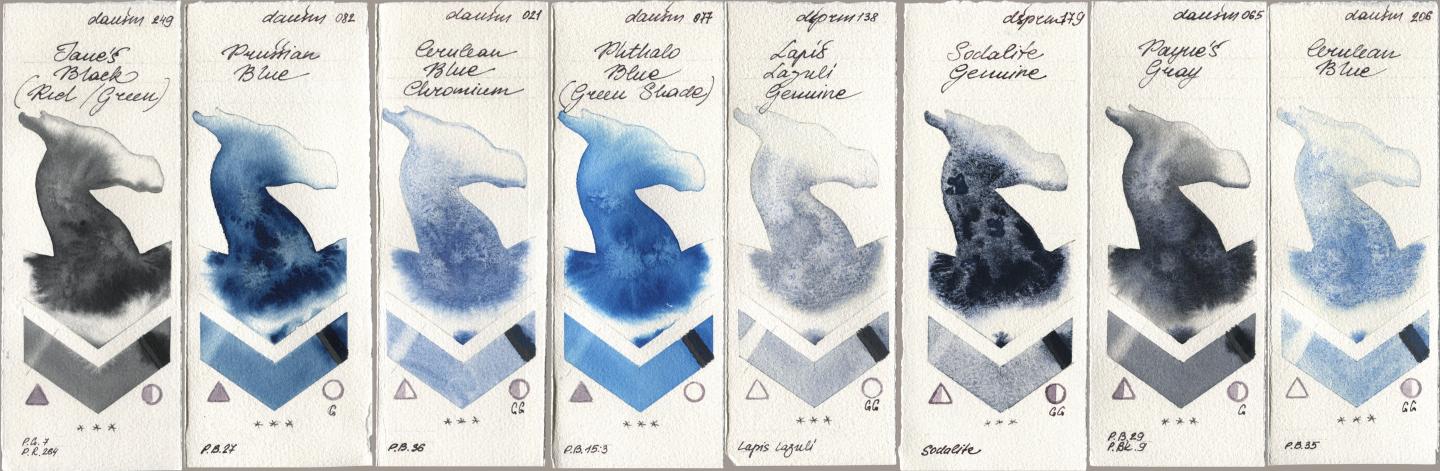 Daniel Smith 249 Janes Black (Red/Green), 082 Prussian Blue, 021 Cerulean Blue Chromium, 077 Phthalo Blue (Green Shade), 138 Lapis Lazuli Genuine, 179 Sodalite Genuine, 065 Paynes Gray, 206 Cerulean Bl watercolor swatch