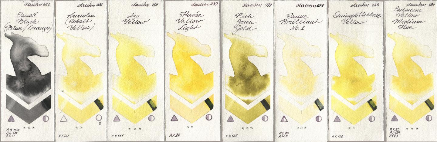 Daniel Smith 250 Janes Black (Blue/Orange), 006 Aureolin (Cobalt Yellow), 215 Azo Yellow, 039 Hansa Yellow Light, 099 Rich Green Gold, 256 Jaune Brilliant No 1, 223 Quinophthalone Yellow, 184 Cadmium Yellow Medium H watercolor swatch