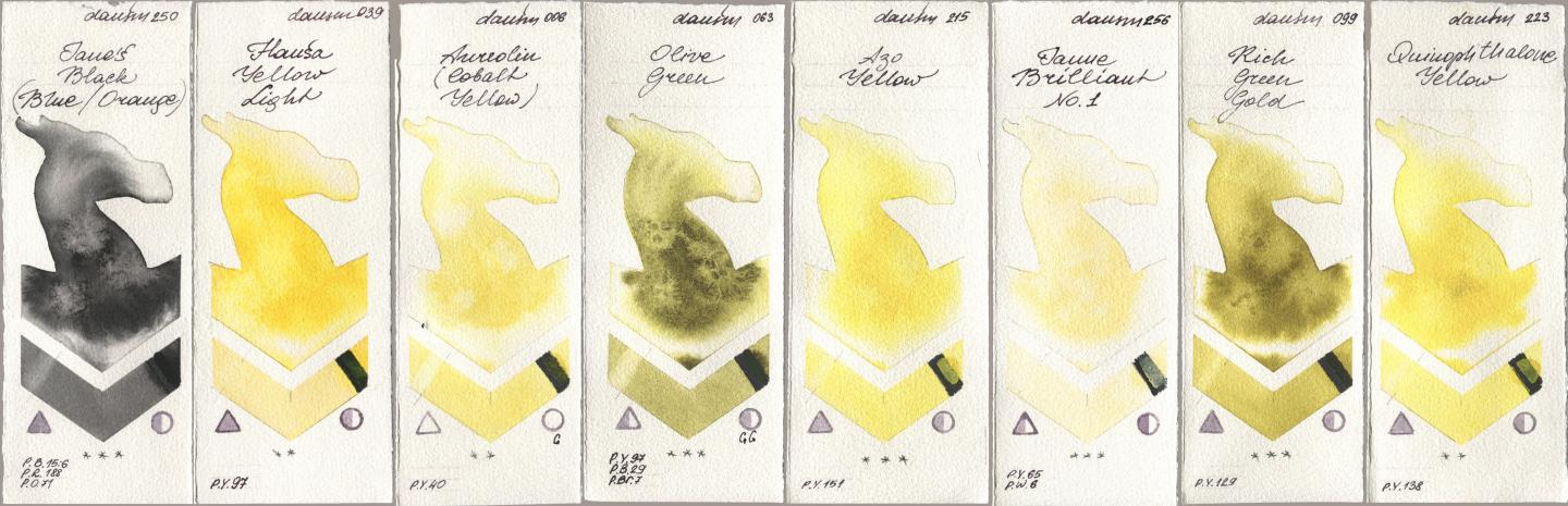 Daniel Smith 250 Janes Black (Blue/Orange), 039 Hansa Yellow Light, 006 Aureolin (Cobalt Yellow), 063 Olive Green, 215 Azo Yellow, 256 Jaune Brilliant No 1, 099 Rich Green Gold, 223 Quinophthalone Yell watercolor swatch