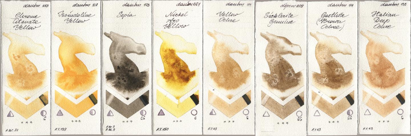Daniel Smith 253 Chrome Titanate Yellow, 218 Isoindoline Yellow, 103 Sepia, 061 Nickel Azo Yellow, 114 Yellow Ochre, 209 Sicklerite Genuine, 144 Goethite (Brown Ochre), 135 Italian Deep Och watercolor swatch