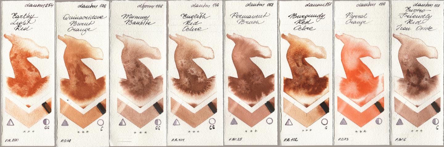 Daniel Smith 254 Earthy Light Red, 086 Quinacridone Burnt Orange, 166 Mummy Bauxite, 136 English Red Ochre, 068 Permanent Brown, 151 Burgundy Red Ochre, 126 Pyrrol Orange, 177 Enviro-Friendly Red Iron Oxi watercolor swatch