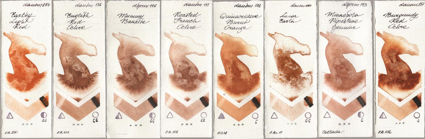 Daniel Smith 254 Earthy Light Red, 136 English Red Ochre, 166 Mummy Bauxite, 171 Roasted French Ochre, 086 Quinacridone Burnt Orange, 050 Lunar Earth, 143 Minnesota Pipestone Genuine, 151 Burgundy Red Och watercolor swatch